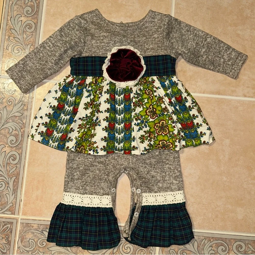 Charming Gray and Green Floral Kids Dress Set - Picture 1 of 5